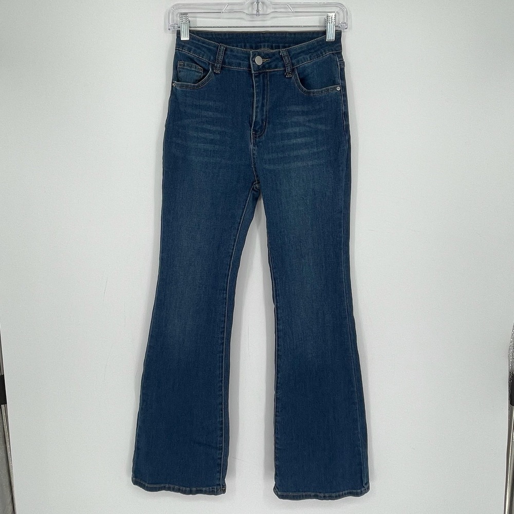Shein Women's Blue High Waisted Flare Leg Stretch Boho Denim Jeans Size S Petite